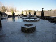 Friendswood Texas Fire Pit Travertine Pool Decking Fountain Channel Drainage System Landscaping