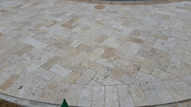 League City, Travertine Pool Surrounding, Channel Drainage System, Retaining Wall